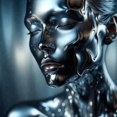 The primary subject of the image is a woman's face, which is depicted in a silver or metallic style. The setting is a dark background, which contrasts with the shiny, reflective surface of the woman's face. The visual style is a combination of photo and digital art, creating a unique and artistic representation of the woman's face. The colors and mood of the image are predominantly silver and reflective, giving it a futuristic and sleek appearance.